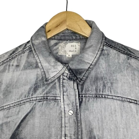 Oli & Hali Acid Wash Denim Shirt M Oversized Distressed Snap Front Patchwork - Picture 8 of 15